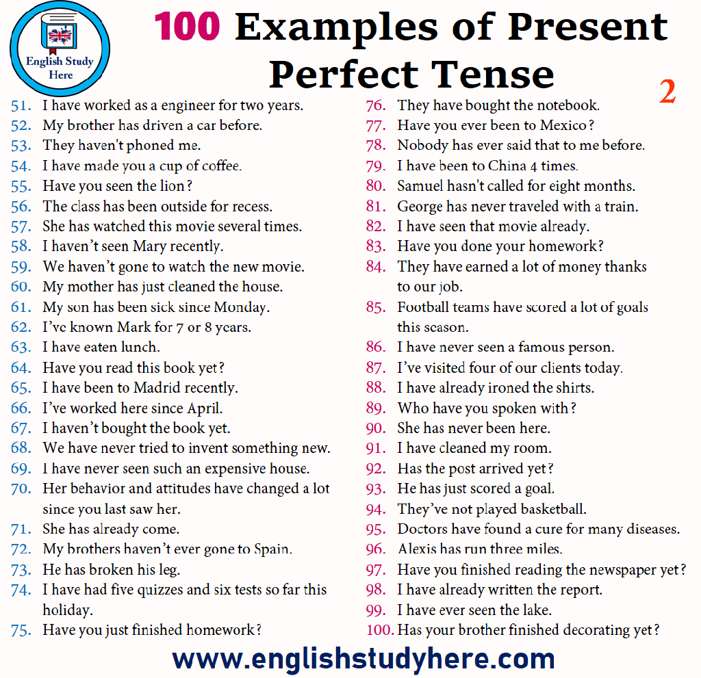 100 example of present perfect