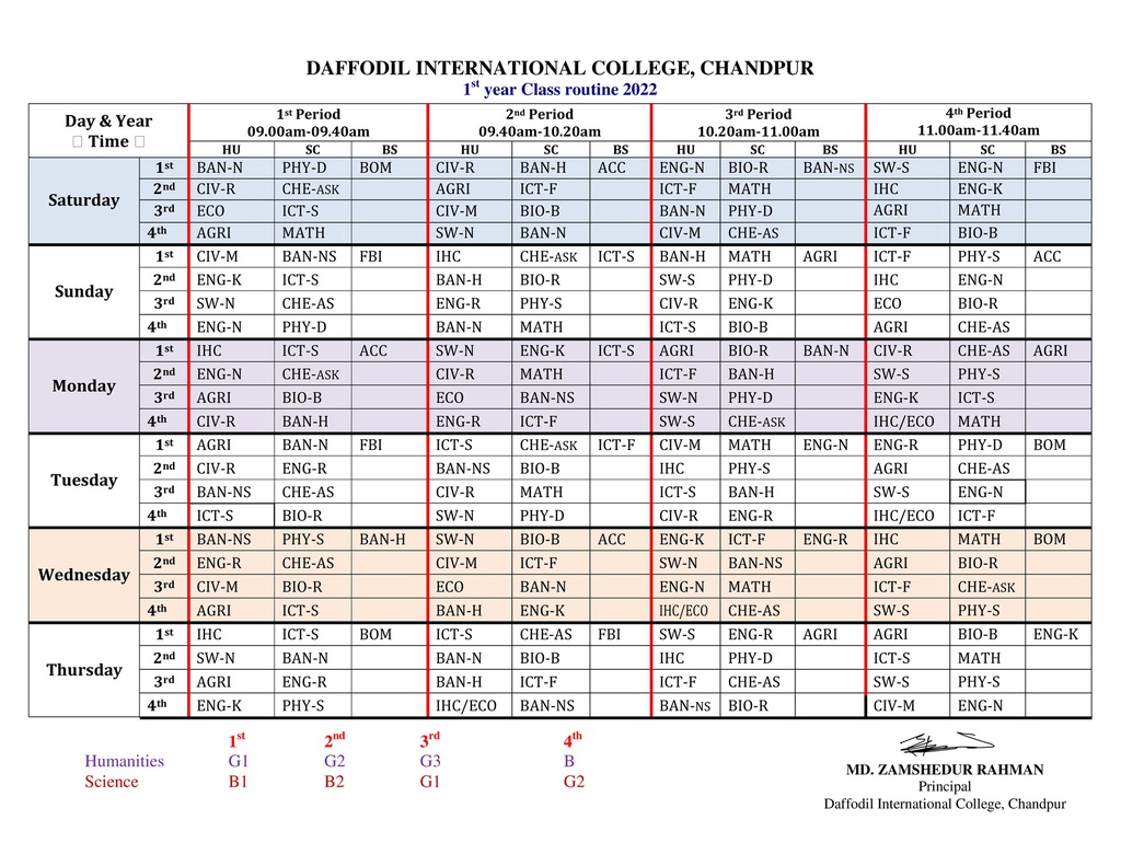 1st year Class Routine 2022