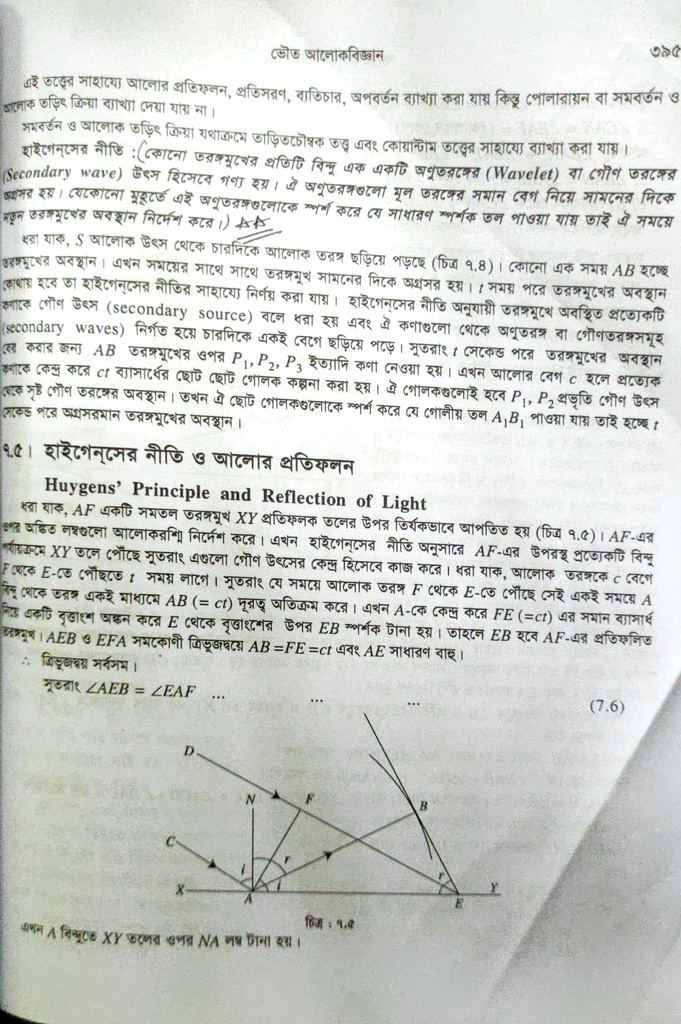 পাঠঃ ৭.৫- হাইগেন্সের নীতি ও আলোর প্রতিফলন 