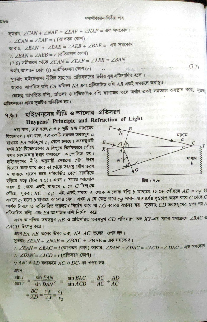 পাঠঃ ৭.৬- হাইগেন্সের নীতি ও আলোর প্রতিসরণ 